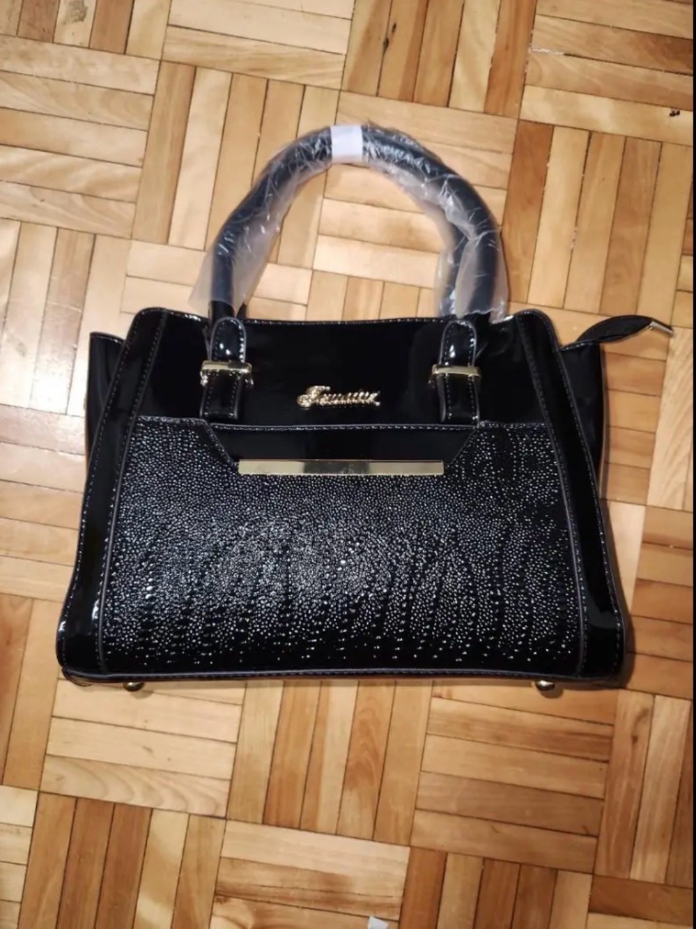 Women’s Black Patent Tote Handbag with Rhinestone Detail